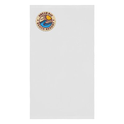 White beach towel with custom embroidered imprint.