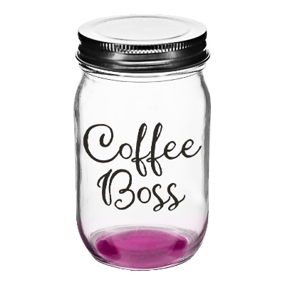 Pink mason jar with custom logo.