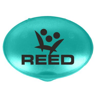Plastic aqua pill box with a branded logo.