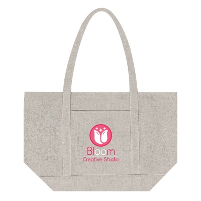 Gray recycled cotton canvas tote with custom full-color logo.