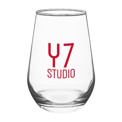 Clear wine glass with custom logo.