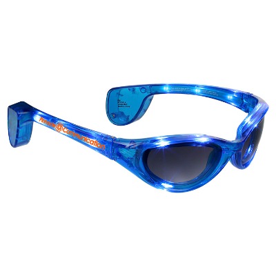 Plastic blue flashing light up rival sunglasses with custom imprint.