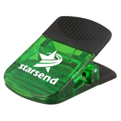 Plastic translucent green rectangle chip clip with custom branding.