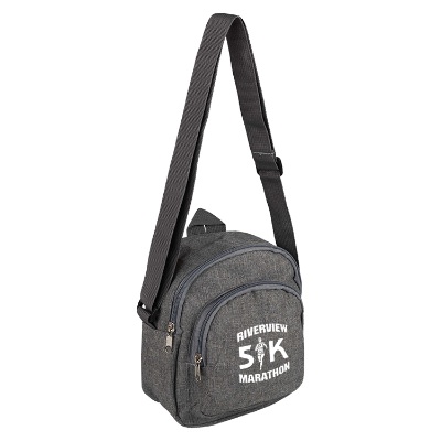 Gray mini sling bag with promotional imprint.