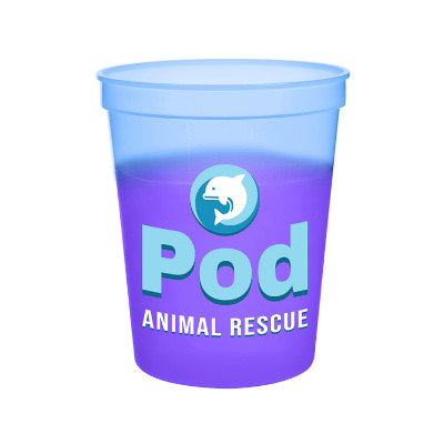 Plastic blue color changing stadium cup with custom full-color imprint in 16 ounces.