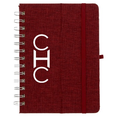 Red notebook with phone holder and personalized imprint.