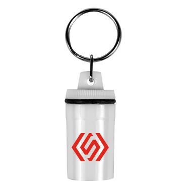 Plastic white pill box with a personalized logo.