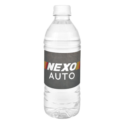 Clear plastic bottled water with a custom logo.
