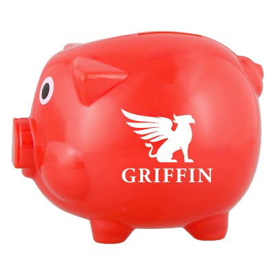 Red plastic piggy bank with a personalized imprint.