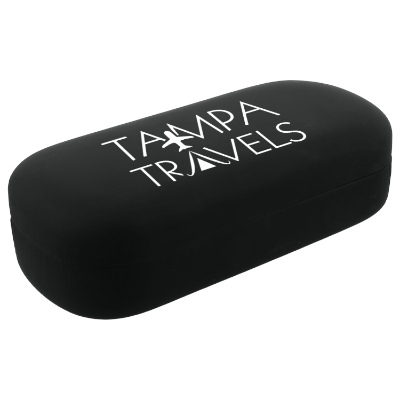 Black clam shell sunglass case with customized imprint.