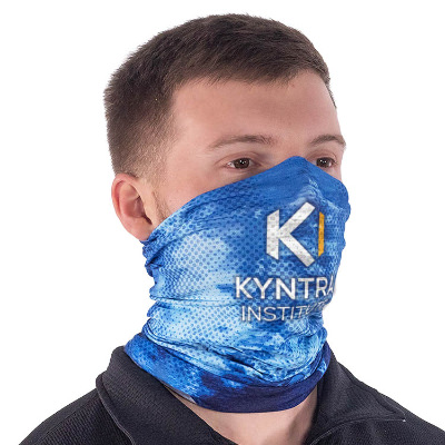 Blue microfiber neck gaiter with a branded logo.