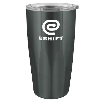 Gunmetal tumbler with custom logo.