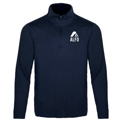 Navy quarter-zip with custom logo.