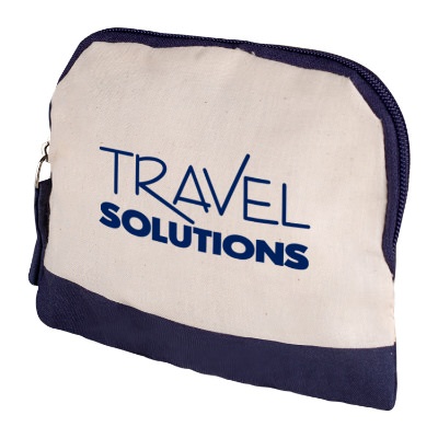 Cotton navy accent accessory bag with customized imprint.