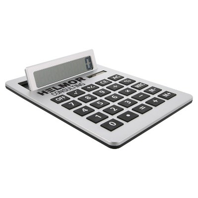 Big plastic desk calcuation with custom one color personalized imprint.