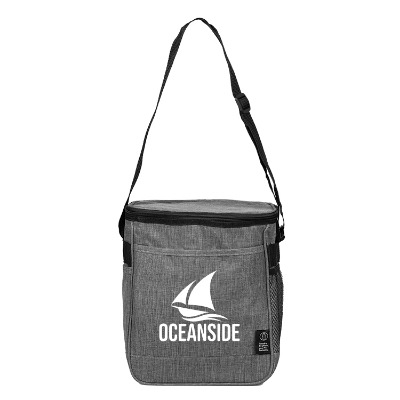 Gray polyester cooler with a custom logo.