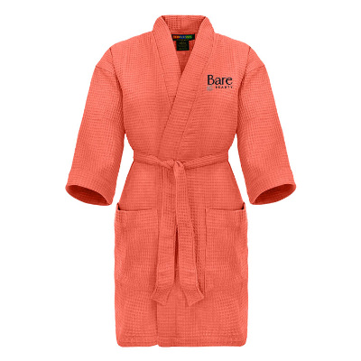 Coral cotton polyester robe with custom embroidered imprint.