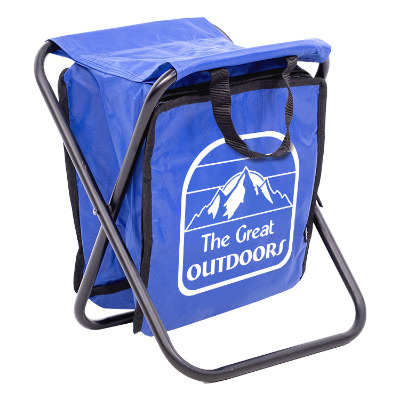 Blue polyester chair with a custom logo.