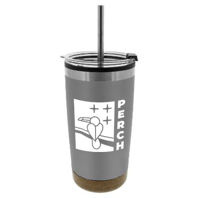 Metallic Silver tumbler with custom logo.