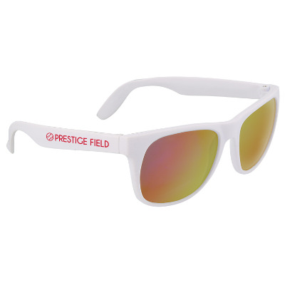 Polypropylene red rubberized maui sunglasses with branded imprint.