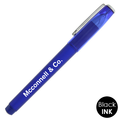 Colored pen with metal clip and personalized logo.