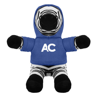 Plush and cotton zebra with a blue hoodie with a personalized logo.