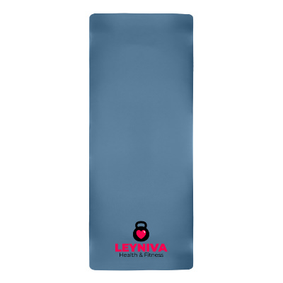 Blue yoga mat with custom imprint.