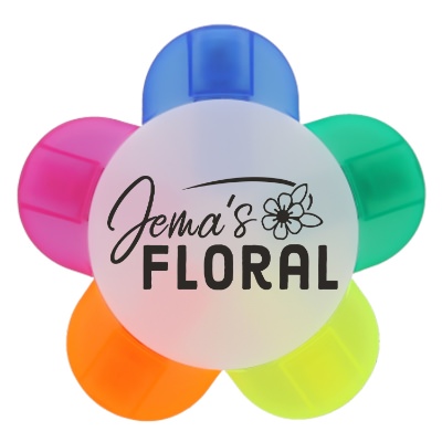Plastic 5 petal highlighter with custom imprint.