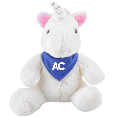 Plush and cotton unicorn with royal blue bandana with custom logo.