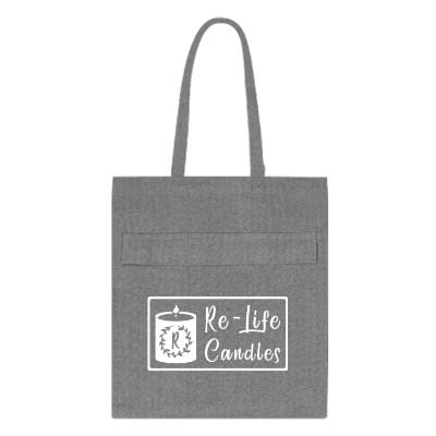 Dark gray recycled cotton herringbone tote bag with custom logo.
