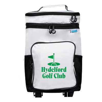 White rolling cooler with custom logo.