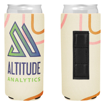 Lined slim can cooler with custom full color imprint.