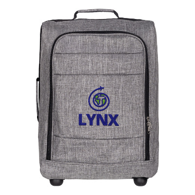 20-inch graphite upright luggage with embroidered logo.