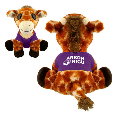 Plush and cotton giraffe with a purple t-shirt with a custom imprint.
