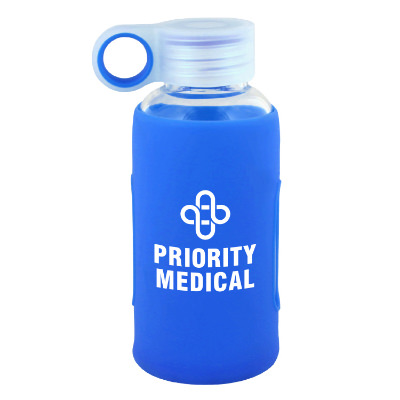 Glass water bottle with blue sleeve and custom logo in 12 oz.