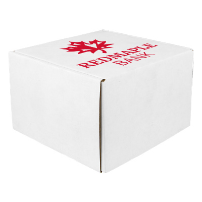 White cardboard box with a custom imprint.