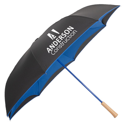 Black with blue recycled manual inversion umbrella with custom imprint.