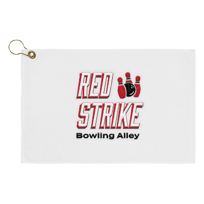 White golf towel with custom embroidered imprint.