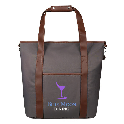 Gray polyester cooler with a custom logo.