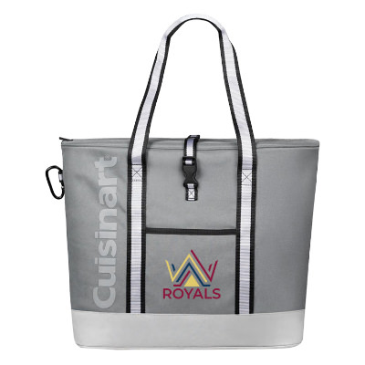 Gray polyester cooler with a custom logo.