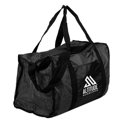 Grid style gym bag with a white personalized imprint.