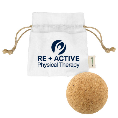 Cork massage ball with custom logo on case.