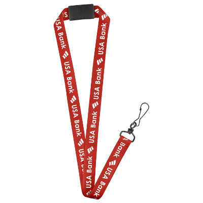3/4 inch red satin polyester custom print lanyard with breakaway and black j-hook.