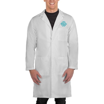 Custom mens imprinted white lab coat.