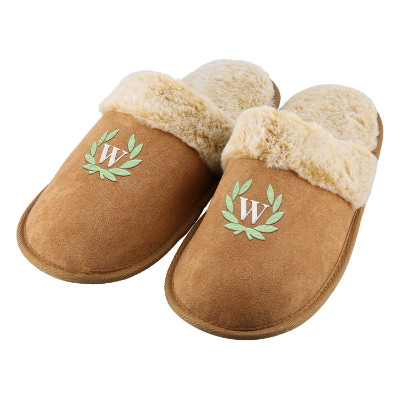 Brown fur slippers with custom embroidered logo.