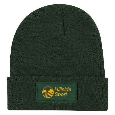 Customized forest green knit beanie.