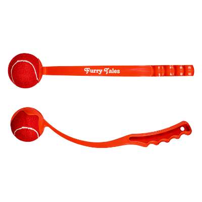 Red tennis ball thrower with custom imprint.