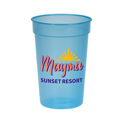 Plastic frosted to red sun altering stadium cup with promotional imprint in 17 ounces.