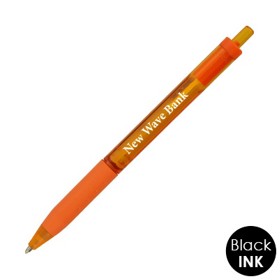 Orange plastic pen with a branded logo.