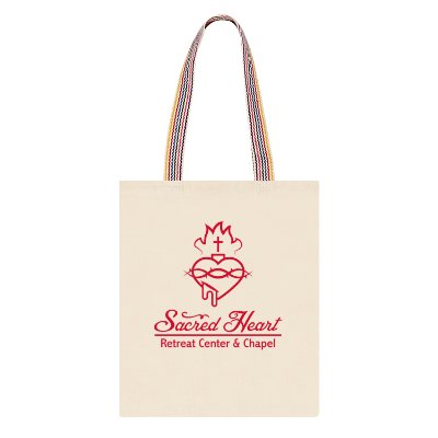Tote bag with rainbow webbing handles and custom logo.